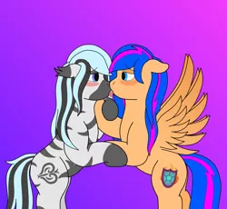 Size: 3225x2966 | Tagged: suggestive, artist:northern-frost, derpibooru import, oc, oc:midnight whistle, oc:starlight shimmer, pegasus, pony, zebra, blushing, female, females only, holding hooves, kissing, lesbian, looking at each other, spread wings, tongue play, wings