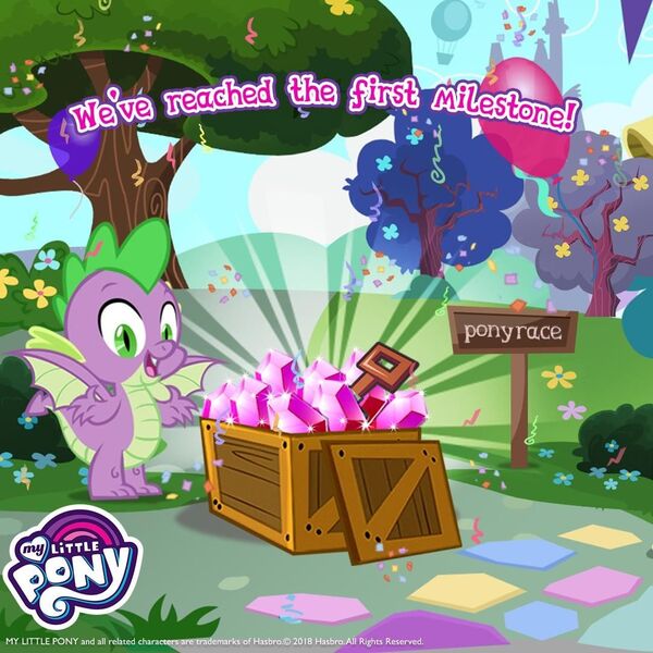 Size: 1080x1080 | Tagged: balloon, crate, derpibooru import, dragon, gameloft, gem, milestone, my little pony logo, official, safe, solo, spike, winged spike