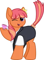 Size: 875x1200 | Tagged: safe, artist:binkyt11, derpibooru import, oc, oc:star anrise, unofficial characters only, earth pony, pony, 2019 community collab, derpibooru community collaboration, .svg available, clothes, cup, cute, flower, flower in hair, food, inkscape, looking at you, ocbetes, one eye closed, simple background, solo, svg, tail wrap, tea, teacup, transparent background, vector, wink