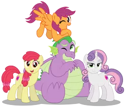 Size: 5938x5025 | Tagged: safe, artist:aleximusprime, derpibooru import, apple bloom, scootaloo, spike, sweetie belle, dragon, earth pony, pegasus, pony, unicorn, flurry heart's story, absurd resolution, adult, adult spike, bhm, chubby, cute, cutie mark crusaders, fat, fat spike, female, flying, grown ups, leaning, looking at you, mare, older, older apple bloom, older scootaloo, older spike, older sweetie belle, one eye closed, plump, show accurate, simple background, smiling, transparent background, winged spike
