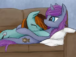 Size: 600x452 | Tagged: safe, artist:restartbob, deleted from derpibooru, derpibooru import, oc, oc:mercury vapour, oc:morning shadow, unofficial characters only, earth pony, pony, couch, female, happy, hug, lesbian, pillow, smiling