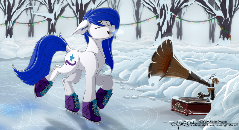 Size: 2970x1620 | Tagged: safe, artist:moonlightstrange, derpibooru import, oc, oc:sirius dreams, unofficial characters only, earth pony, pony, female, gramophone, ice, ice skating, mare, snow, solo