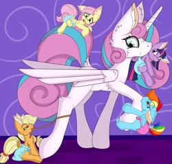 Size: 4588x4382 | Tagged: safe, artist:cuddlelamb, derpibooru import, applejack, fluttershy, princess flurry heart, rainbow dash, twilight sparkle, pony, absurd resolution, age progression, age regression, age swap, clinging, diaper, lasso, mouth hold, role reversal, rope, scruff