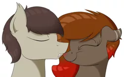 Size: 1275x789 | Tagged: safe, artist:hartenas, derpibooru import, oc, oc:hartenas, oc:roaert, bat pony, pony, duo, eyes closed, female, kissing, male, mare, nose kiss, simple background, smiling, stallion, white background