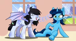 Size: 3862x2083 | Tagged: safe, artist:kxttponies, derpibooru import, oc, oc:mitzy, oc:sweet cakes, bat pony, pony, unicorn, bat pony oc, bat wings, cute, eeee, eyes closed, simple background, wings