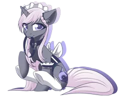 Size: 2000x1536 | Tagged: safe, artist:kxttponies, derpibooru import, oc, oc:lilia, unofficial characters only, pony, unicorn, bow, clothes, collar, colored pupils, cute, ear fluff, female, frilly socks, headdress, leash, looking at you, maid, mare, mouth hold, pet play, raised hoof, simple background, sitting, smiling, socks, solo, transparent background, underhoof