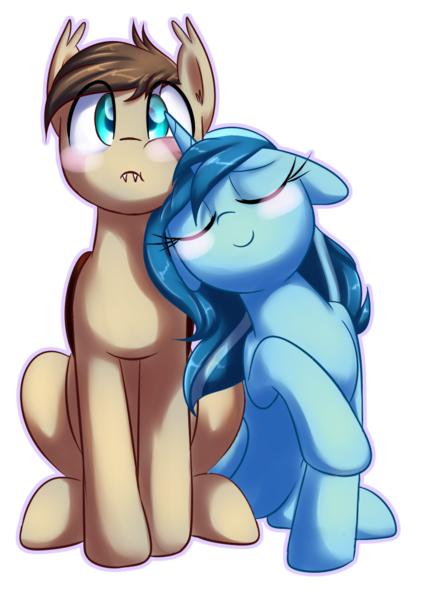 Size: 758x1080 | Tagged: safe, artist:acersiii, derpibooru import, oc, oc:acette, oc:hartenas, unofficial characters only, bat pony, pony, unicorn, blushing, duo, eyes closed, female, male, mare, oc x oc, shipping, simple background, stallion, transparent background