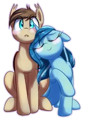 Size: 758x1080 | Tagged: safe, artist:acersiii, derpibooru import, oc, oc:acette, oc:hartenas, unofficial characters only, bat pony, pony, unicorn, blushing, duo, eyes closed, female, male, mare, oc x oc, shipping, simple background, stallion, transparent background