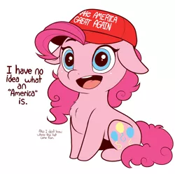 Size: 2004x1985 | Tagged: safe, artist:evehly, derpibooru import, pinkie pie, earth pony, pony, :d, cheek fluff, chest fluff, chibi, confused, cute, dialogue, diapinkes, donald trump, female, floppy ears, hat, innocent, make america great again, mare, open mouth, politics, ponk, simple background, sitting, smiling, solo, white background