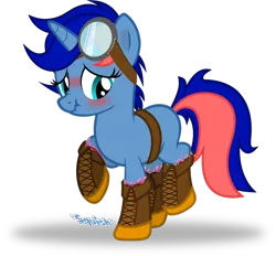 Size: 1280x1188 | Tagged: safe, alternate version, artist:applec1234, deleted from derpibooru, derpibooru import, oc, oc:ryo, unofficial characters only, pony, alternate hairstyle, belt, blushing, boots, clothes, goggles, lifted leg, shoes, slime, slimy, solo