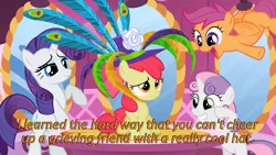 Size: 640x360 | Tagged: safe, derpibooru import, edit, edited screencap, screencap, apple bloom, rarity, scootaloo, sweetie belle, earth pony, pegasus, pony, unicorn, the cutie pox, buzzing wings, caption, cards against humanity, cutie mark crusaders, feathered hat, female, filly, foal, hat, image macro, peacock feathers, text, wings