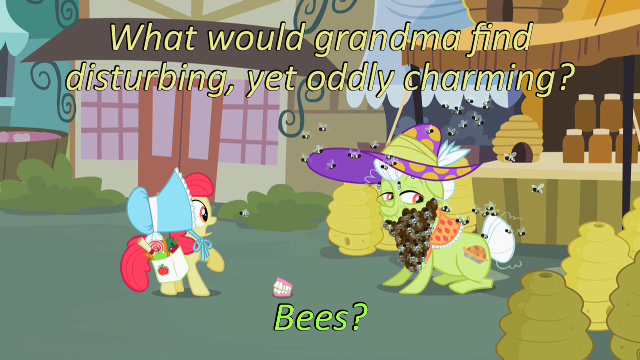 Size: 640x360 | Tagged: animal, apple bloom, bee, bee beard, bonnet, caption, cards against humanity, derpibooru import, edit, edited screencap, family appreciation day, granny smith, hat, image macro, insect, safe, screencap, text