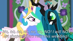 Size: 640x360 | Tagged: a canterlot wedding, angry, caption, cards against humanity, changeling, changeling queen, derpibooru import, duo, edit, edited screencap, female, fight, image macro, princess celestia, queen chrysalis, safe, screencap, text