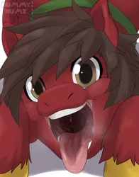 Size: 1280x1629 | Tagged: suggestive, artist:nummynumz, derpibooru import, oc, unofficial characters only, pony, breath, hooves, kneeling, looking at you, mawshot, open mouth, tongue out, uvula