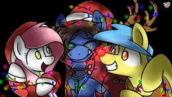 Size: 1920x1080 | Tagged: safe, artist:sugar morning, derpibooru import, oc, oc:bizarre song, oc:lost thunder, oc:sugar morning, unofficial characters only, deer, pegasus, pony, reindeer, antlers, best friends, black background, cape, christmas, christmas light, christmas lights, clothes, coat, commission, costume, female, happy, happy hearth's warming, hat, hearth's warming, hearth's warming eve, holiday, horn, jewelry, male, mare, merry christmas, necklace, oc x oc, red nose, reindeer antlers, santa hat, shipping, simple background, smiling, stallion, straight, sugarre