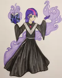 Size: 502x626 | Tagged: artist:metalamethyst, aura, clothes, dark magic, derpibooru import, eyeshadow, g5, headcanon, human, humanized, jewelry, magic, makeup, necklace, robe, safe, simple background, solo, sorceress, traditional art, twilight sparkle, twilight sparkle (g5), white background