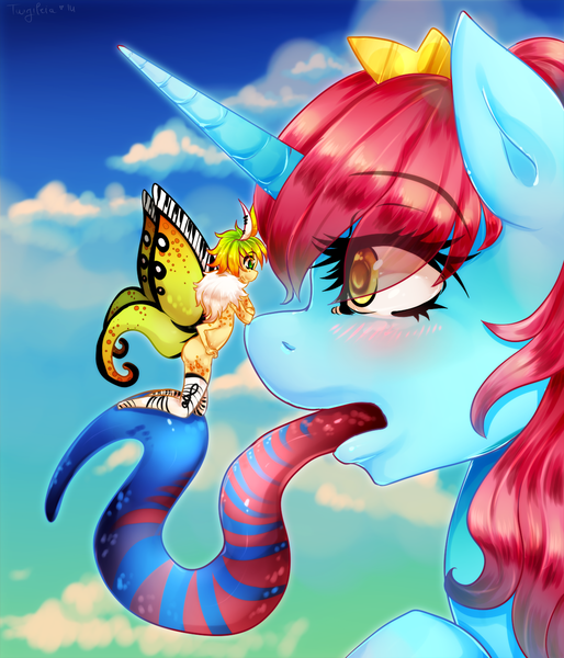 Size: 1200x1400 | Tagged: questionable, artist:twigileia, derpibooru import, oc, oc:empress lace, oc:wooden toaster, unofficial characters only, alicorn, moth, mothpony, original species, alicorn oc, crown, eye clipping through hair, horn, imminent vore, jewelry, long tongue, regalia, tongue out, wings