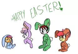 Size: 1176x812 | Tagged: safe, artist:jessy, derpibooru import, apple bloom, scootaloo, sweetie belle, oc, oc:palette swap, earth pony, pony, tumblr:ask palette swap, cutie mark crusaders, easter, female, happy easter, holiday, mare, quartet, simple background, white background