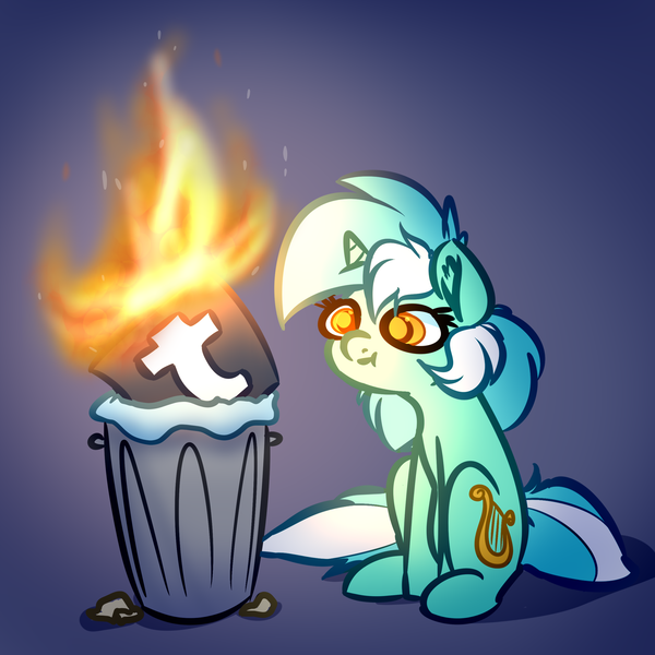 Size: 2449x2449 | Tagged: safe, artist:witchtaunter, derpibooru import, lyra heartstrings, pony, unicorn, :t, burn, burning, dumpster fire, ear fluff, female, fire, gradient background, looking at something, mare, on fire, polite cat, solo, some mares just want to watch the world burn, some men just want to watch the world burn, take that, this is fine, trash can, tumblr, tumblr 2018 nsfw purge, tumblr drama