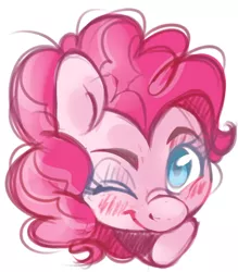 Size: 700x800 | Tagged: safe, artist:joonandizya666, artist:joonyash, derpibooru import, pinkie pie, pony, blushing, bust, cute, diapinkes, digital art, fanart, head only, one eye closed, portrait, rcf community, simple background, sketch, smiling, solo, white background, wink