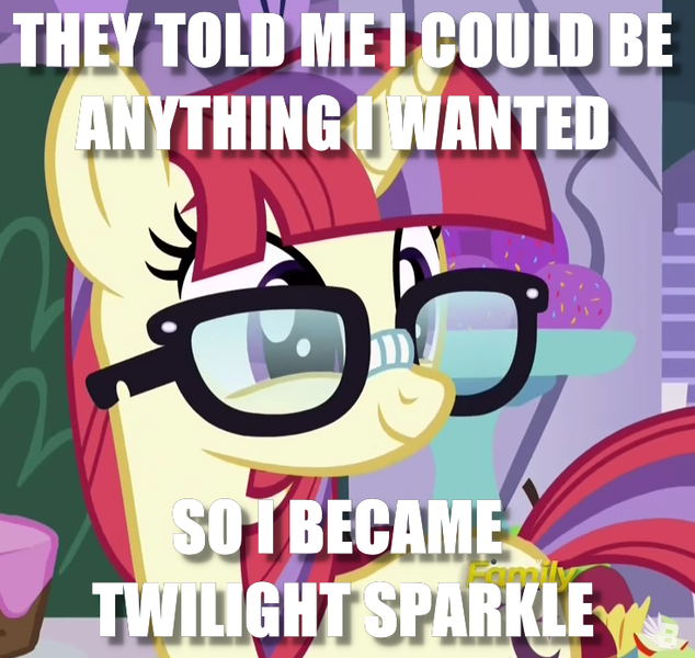 Size: 736x696 | Tagged: safe, derpibooru import, edit, edited screencap, screencap, moondancer, pony, amending fences, caption, glasses, happy, identity theft, image macro, impact font, meme, solo, text