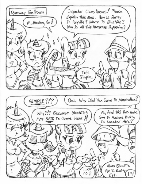 Size: 849x1100 | Tagged: alicorn, anthro, artist:circe, black and white, comic:soreloser, derpibooru import, fishnets, grayscale, inspector jacques clouseau, map, marx brothers, monochrome, oc, oc:eaststern, oc:gothy moon, safe, traditional art, twilight sparkle, twilight sparkle (alicorn), unguligrade anthro