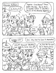 Size: 849x1100 | Tagged: alicorn, anthro, artist:circe, black and white, comic:soreloser, derpibooru import, fishnets, grayscale, inspector jacques clouseau, map, marx brothers, monochrome, oc, oc:eaststern, oc:gothy moon, safe, traditional art, twilight sparkle, twilight sparkle (alicorn), unguligrade anthro