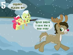 Size: 1024x768 | Tagged: semi-grimdark, artist:bronybyexception, derpibooru import, apple bloom, granny smith, deer, earth pony, pony, reindeer, advent calendar, antlers, dialogue, gun, imminent murder, reindeer antlers, revenge, rudolph the red nosed reindeer, run run rudolph, running away, shotgun, snow, this will end in death, this will end in tears, this will end in tears and/or death, weapon, winchester model 1887