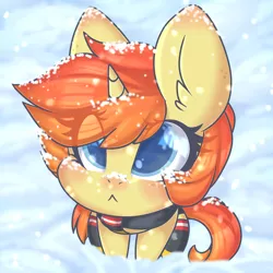 Size: 2000x2000 | Tagged: safe, artist:angelbeat-drift, derpibooru import, oc, oc:darla crossfire, unofficial characters only, pony, unicorn, clothes, female, freckles, looking up, mare, pouting, scarf, sitting, snow, snowfall, socks, thigh highs