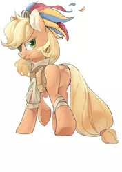Size: 2480x3508 | Tagged: safe, artist:yunlongchen, derpibooru import, applejack, pony, butt, clothes, dock, eyepatch, featureless crotch, hat, image, jpeg, looking at you, looking back, looking back at you, missing cutie mark, pirate, pirate applejack, pirate hat, plot, shirt, simple background, solo, white background