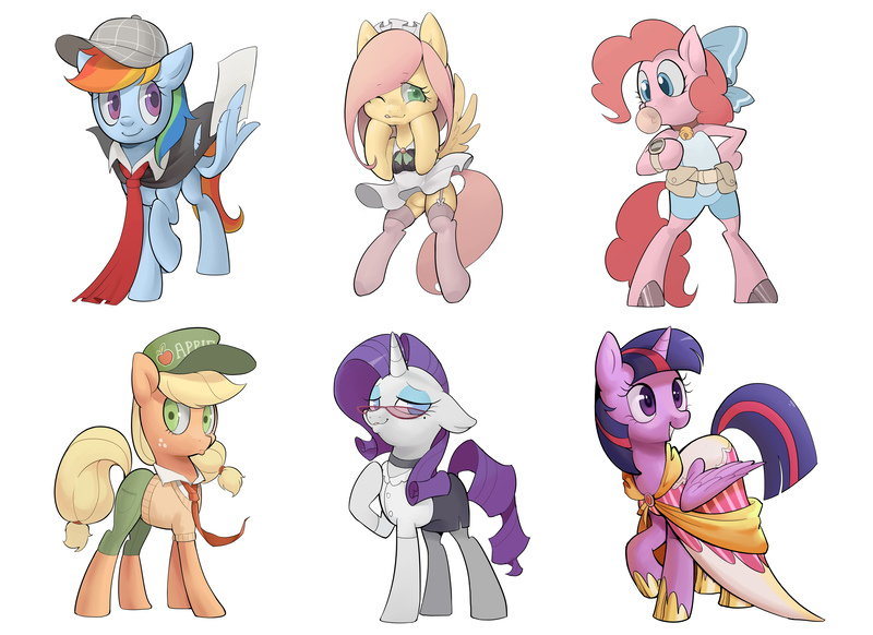 Size: 5500x4000 | Tagged: safe, artist:yunlongchen, derpibooru import, official, applejack, fluttershy, pinkie pie, rainbow dash, rarity, twilight sparkle, twilight sparkle (alicorn), alicorn, pony, bipedal, bow, bubblegum, clothes, floppy ears, food, garter belt, garters, gum, hair bow, hoof shoes, image, jpeg, maid, maid headdress, mane six, office lady, pantyhose, simple background, socks, stockings, thigh highs, white background, wing hold