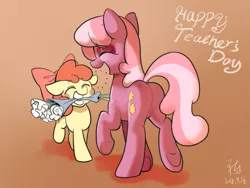 Size: 945x709 | Tagged: safe, artist:yunlongchen, derpibooru import, apple bloom, cheerilee, earth pony, pony, apple bloom's bow, bouquet, bow, brown background, butt, cheeribetes, cute, dialogue, duo, duo female, eyes closed, female, filly, flower, foal, hair bow, mare, mouth hold, open mouth, plot, signature, simple background, smiling, teacher, teacher and student, underhoof