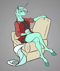 Size: 1506x1788 | Tagged: safe, artist:akweer, derpibooru import, lyra heartstrings, anthro, unguligrade anthro, unicorn, belly button, chair, clothes, female, hoers, mare, midriff, open clothes, open shirt, shorts, sitting, solo, sports shorts, tanktop, unbuttoned