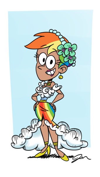 Size: 817x1436 | Tagged: a canterlot wedding, artist:jmdoodle, bridesmaid, bridesmaid dress, clothes, colored, derpibooru import, dress, human, humanized, lipstick, makeup, rainbow dash, safe, season 2, short hair, smiling, style emulation, the loud house