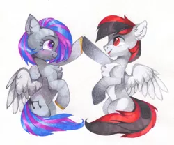 Size: 1280x1064 | Tagged: safe, artist:lispp, derpibooru import, oc, oc:loki smile, oc:melody smile, unofficial characters only, pegasus, pony, blushing, chest fluff, ear fluff, female, fluffy, looking at each other, male, pale belly