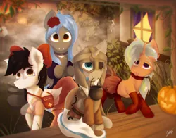 Size: 2000x1568 | Tagged: safe, artist:chebypattern, derpibooru import, oc, oc:aurora solstice, oc:golden note, oc:moonlit night, oc:sekr gray, pegasus, pony, unicorn, vampire, 4k, clothes, colt, commission, cute, dusk, eyepatch, fog, halloween, holiday, jack-o-lantern, male, nightmare night, nurse outfit, pumpkin, quartet, shield, socks, stallion, trick or treat, viking, ych result