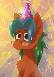 Size: 1400x2000 | Tagged: safe, artist:chebypattern, derpibooru import, oc, oc:summer lights, pegasus, pony, birthday, celebration, cute, happy, hat, party hat, party horn, present, solo, sunburst background