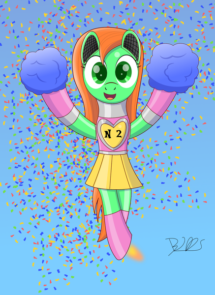 Size: 1455x2000 | Tagged: safe, artist:trackheadtherobopony, derpibooru import, oc, oc:goldheart, pony, robot, robot pony, cheerleader, confetti, jumping, signature