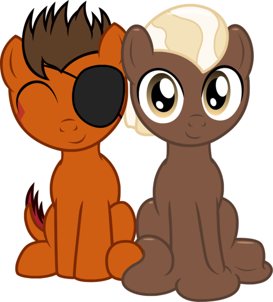 Size: 1173x1296 | Tagged: safe, artist:badumsquish, derpibooru import, oc, oc:chocolate medley, oc:rustback, unofficial characters only, goo, goo pony, monster pony, original species, pony, tatzlpony, 2019 community collab, derpibooru community collaboration, buzz cut, chocolate, colt, duo, eyepatch, eyes closed, foal, food, looking at you, male, melting, not chocolate, shiny, side by side, simple background, sitting, smiling, transparent background, unshorn fetlocks, younger