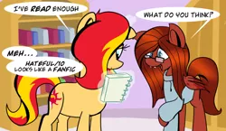 Size: 800x465 | Tagged: safe, artist:sunsetshimmerreallyhatesyou, derpibooru import, sunset shimmer, pony, bookshelf, tumblr