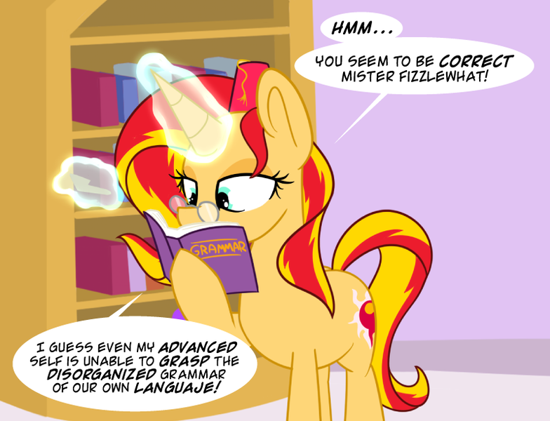 Size: 800x612 | Tagged: safe, artist:sunsetshimmerreallyhatesyou, derpibooru import, sunset shimmer, pony, book, bookshelf, glasses, solo, tumblr