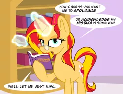 Size: 800x612 | Tagged: safe, artist:sunsetshimmerreallyhatesyou, derpibooru import, sunset shimmer, pony, book, bookshelf, glasses, solo, tumblr