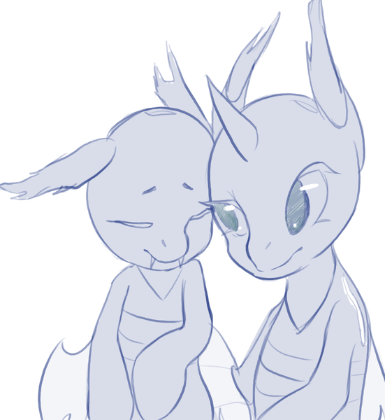 Size: 833x907 | Tagged: safe, artist:arkiiwarki, derpibooru import, changeling, /mlp/, 4chan, drawthread, duo, eyes closed, fangs, image, looking at someone, missing horn, monochrome, png, simple background, snuggling, white background