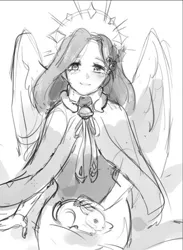 Size: 542x740 | Tagged: animal, artist:dagmell, black and white, blushing, clothes, derpibooru import, female, fluttershy, grayscale, human, humanized, looking at you, majestic, monochrome, rabbit, safe, sitting, smiling, solo, winged humanization, wings