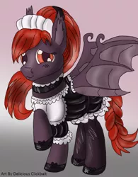 Size: 670x860 | Tagged: suggestive, artist:deliciousclickbait, derpibooru import, bat pony, pony, boots, braid, clothes, commission, costume, maid, shoes