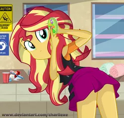 Size: 835x796 | Tagged: safe, artist:charliexe, derpibooru import, sunset shimmer, equestria girls, equestria girls series, awkward, bathroom, brush, clothes, cute, female, hairbrush, jacket, leather, leather jacket, looking at you, looking back, miniskirt, rear view, schrödinger's pantsu, shimmerbetes, show accurate, skirt, skirt lift, solo, thighs, toothbrush, toothpaste