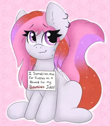 Size: 2635x3000 | Tagged: safe, artist:pegamutt, derpibooru import, oc, unofficial characters only, earth pony, pony, abstract background, commission, digital art, ear fluff, ear piercing, female, gradient mane, high res, looking at you, mare, piercing, pony shaming, shaming, sitting, smiling, solo, sweat, ych result