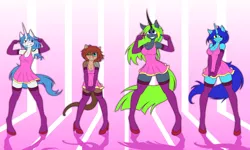 Size: 5000x3000 | Tagged: absurd resolution, anthro, armpits, artist:funkybacon, clothes, dance party, derpibooru import, dress, furry, me!me!me!, non-mlp oc, oc, oc:aby, oc:becky, oc:tess, one eye closed, safe, smiling, unguligrade anthro, unofficial characters only, wink