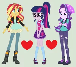 Size: 688x608 | Tagged: safe, artist:themexicanpunisher, derpibooru import, sci-twi, starlight glimmer, sunset shimmer, twilight sparkle, equestria girls, mirror magic, spoiler:eqg specials, beanie, boots, bowtie, clothes, crossed arms, female, glasses, grin, hat, heart, high heel boots, high heels, jacket, lesbian, pants, raised eyebrow, ripped pants, scitwishimmer, shipping, shoes, skirt, smiling, socks, sunsetsparkle, trio, trio female, twistarlight, vest, watch, wristwatch