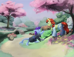 Size: 3300x2550 | Tagged: artist:silfoe, bench, bridge, cherry blossoms, clothes, derpibooru import, flower, flower blossom, garden, japan, kimono (clothing), marriage proposal, oc, orca, orca pony, original species, river, safe, stream, tree, unofficial characters only